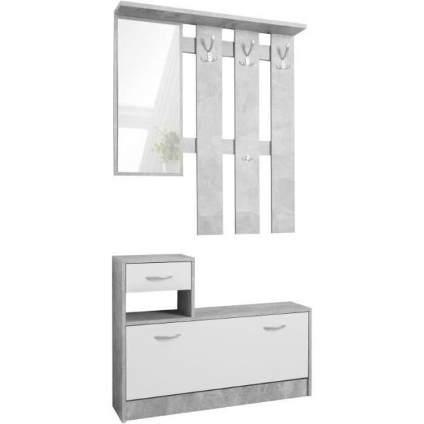 Vestiaire Rudolf - Décor béton structuré / blanc - 100 x 180 x 25 cm - 1 meuble a chaussures -  1 miroir - 4 crochets