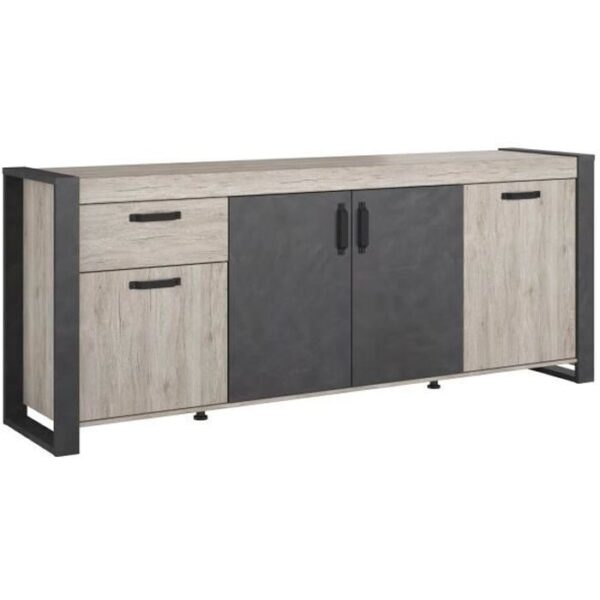 Buffet enfilade CESAR - Décor chene beige grisé et noir - 1 Tiroir et 4 Portes - L 217