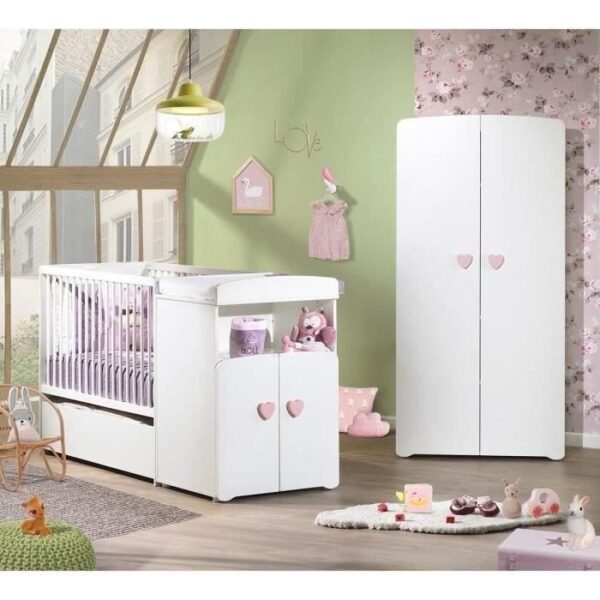 Lit bébé combiné évolutif - BABY PRICE - Basic - Blanc - Bouton coeur rose -60 x 120 cm