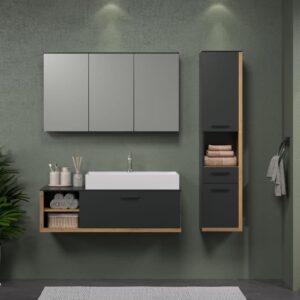 SYNNAX Salle de bain complete - Meuble sous vasque + vasque + armoire 3 portes - Mélaminé gris et chene - TRENDTEAM