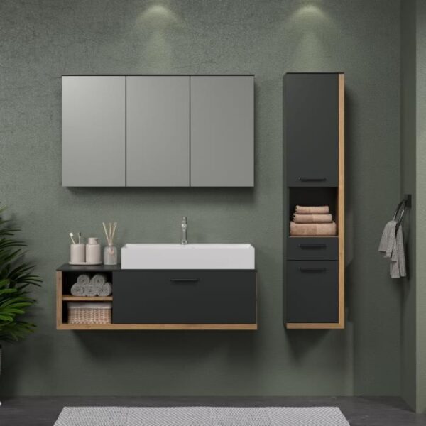 SYNNAX Salle de bain complete - Meuble sous vasque + vasque + armoire 3 portes - Mélaminé gris et chene - TRENDTEAM