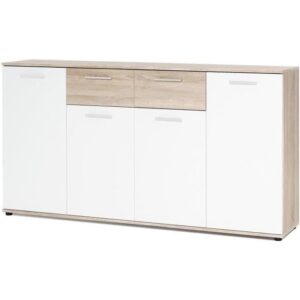 JACKY Buffet bas classique blanc et décor chene mat - L 160 cm