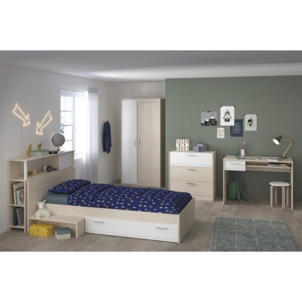 PARISOT Chambre enfant complete - Tete de lit + lit + commode + armoire + bureau - contemporain - Décor acacia clair et blanc -