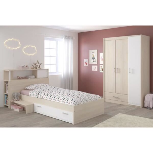 PARISOT Chambre enfant complete - Tete de lit + lit + armoire - Style contemporain - Décor acacia clair et blanc - CHARLEMAGNE