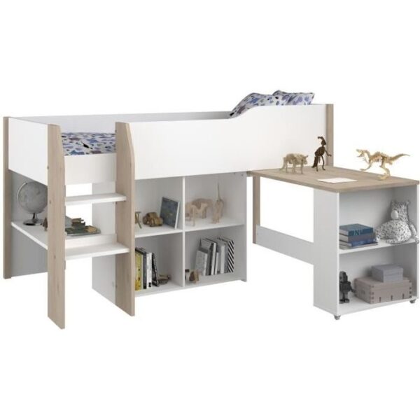 Lit combiné enfant avec bureau rétractable - PARISOT - LIAM - Blanc et chene - Sommier inclus - 90x200 cm