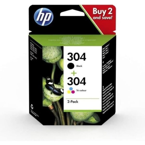 HP 304 Pack de 2 cartouches d'encre noire et trois couleurs authentiques (3JB05AE) pour DeskJet 2620/2630/3720/3730