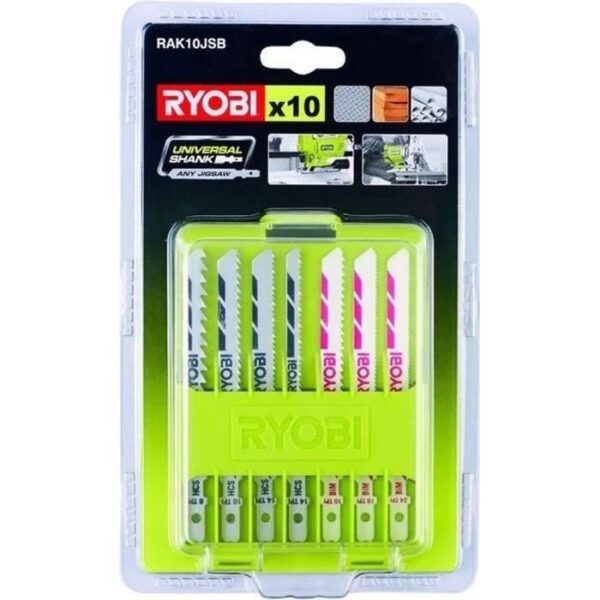 RYOBI - Coffret 10 lames baionnettes scie sauteuse bois - plastique (6 / 10 / 14 TPI) et bimétal - RAK10JSB