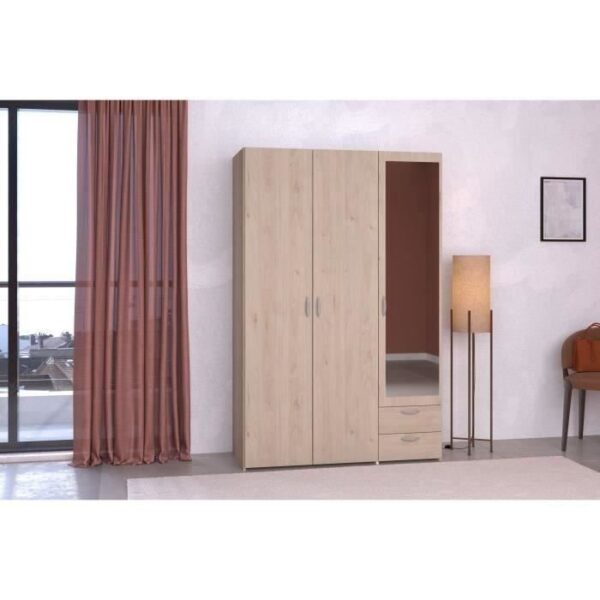 Armoire VARIA - Décor chene et blanc - 3 portes - 2 tiroirs - Porte droite avec miroir - 120