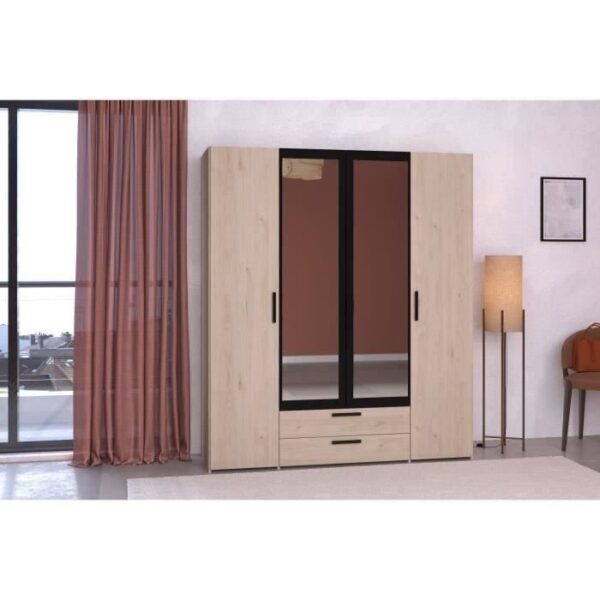 Armoire VARIA - 4 portes battantes + 2 miroirs + 2 tiroirs - Décor chene et noir - L160 x H 185 x P 51.7 cm