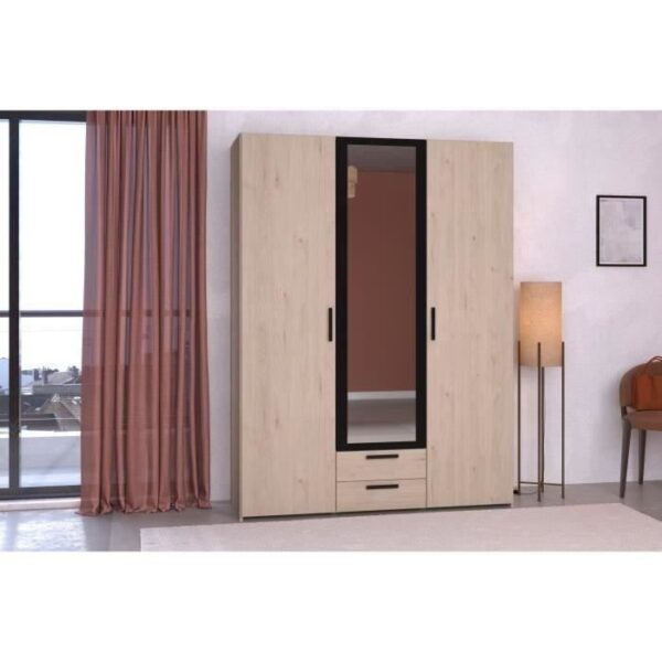 Armoire VARIA - Décor chene et noir - 3 portes battantes + 2 tiroirs + 1 miroir - L 150 x H 200 x P 51 cm