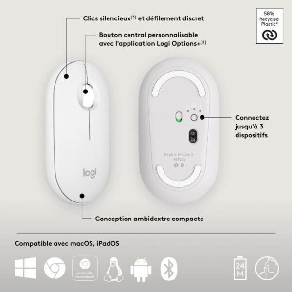 Souris Logitech Pebble Mouse 2 M350s souris fine sans fil Bluetooth