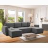 Canapé d'angle convertible panoramique PHARELL 5/6 places - Tissu anthracite - Coffre de rangement - L297 x P155 x H85 cm – Image 2