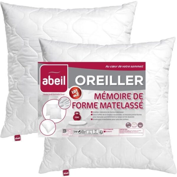 ABEIL Lot de 2 Oreillers a mémoire de forme matelassés- 60x60 cm - Blanc