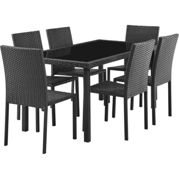 Ensemble repas de jardin - table en verre trempé et 6 chaises en résine tressée noir - Table 160x80x73 cm - Chaise : 44x54x88 cm