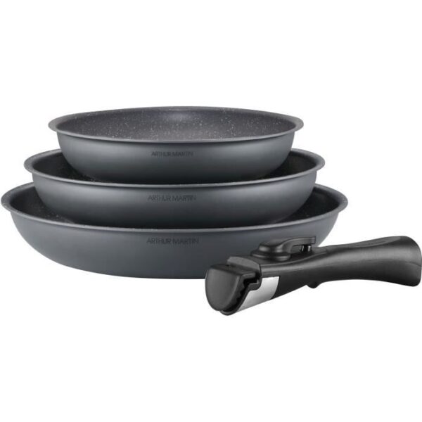 Batterie de cuisine ARTHUR MARTIN AM521GM Set de 3 poeles - Gris Mat 20-24-28 cm + 1 poignée amovible - Tous feux dont induction