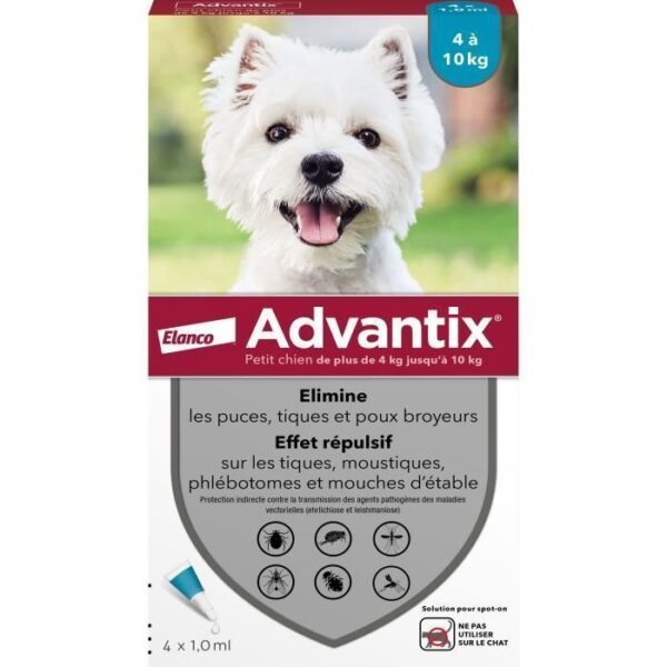 ADVANTIX Chien Solution Antiparasitaire Petite Race 4 a 10kg 4 pipettes