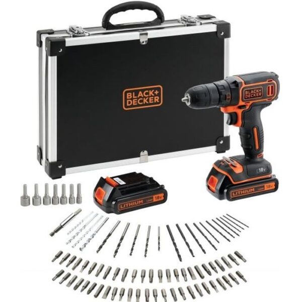 BLACK+DECKER Perceuse Visseuse Sans Fil 18 V Li-Ion avec Chargeur BDCDC18BAFC-QW avec 80 Accessoires