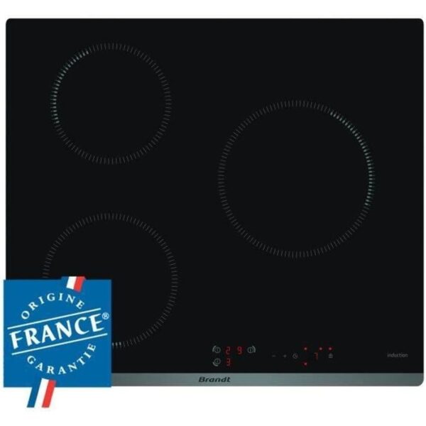 Table de cuisson induction BRANDT - 3 zones - 4600W - Revetement verre - Noir - L58 x P51 cm - BPI6310B