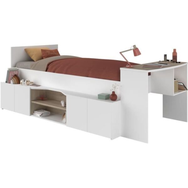 Lit combiné enfant avec rangements et bureau CLoe - 90 x 200 cm - Décor blanc et chene - PARISOT