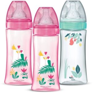 Lot de 3 Biberons anti-coliques - DODIE - Anti-coliques - Tétines rondes - 330 ml - +6 mois - 3 vitesses - Débit 3 - Rose et vert