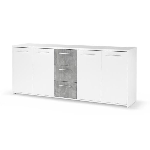 Buffet bas - Panneaux de particules - Blanc et décor gris béton - 4 portes + 3 tiroirs - L 179 x P 42 x H 74