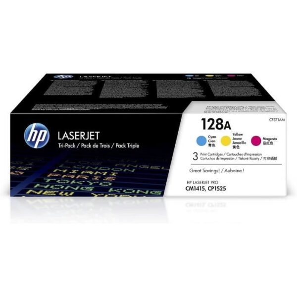 HP 128A Pack de 3 cartouches de toner trois couleurs authentiques (CF371AM) pour Color LaserJet Pro CM1415/CP1520series/CP1528