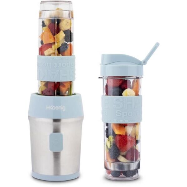 Mini blender - H.KoeNIG - SMOO16 - 300 W - 570 mL - Sans BPA - Bleu pastel - 2 gourdes incluses