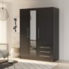 Armoire 3 portes battantes avec miroir + 3 tiroirs - Bois aggloméré - Noir - L 144