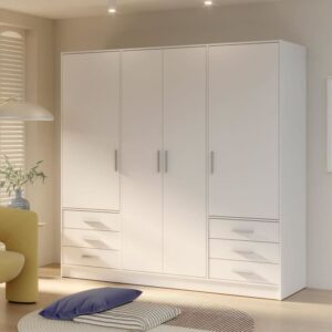 Armoire 4 portes battantes + 6 tiroirs - Bois aggloméré - Blanc mat - L 206