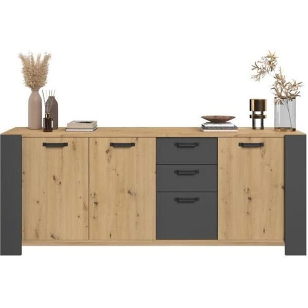 Buffet LOFT - Décor chene artisan et mélamine gris ombre - 3 portes et 3 tiroirs - L 220 x P 52 x H 86.5 cm - PARISOT