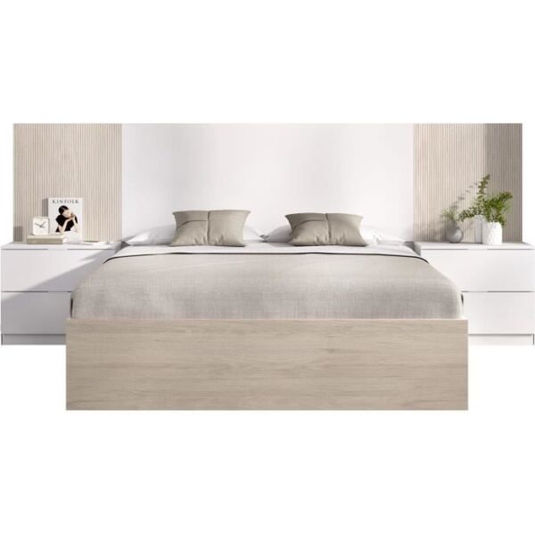 Lit adulte avec chevets intégrés LOMA - 160 x 200 cm - Chene naturel / Blanc