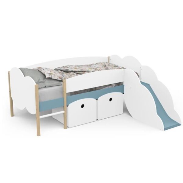 DEMEYERE Lit toboggan - 90 x 200 cm - Sommier a lattes - 2 Tirroirs - Décor blanc et bleu orage