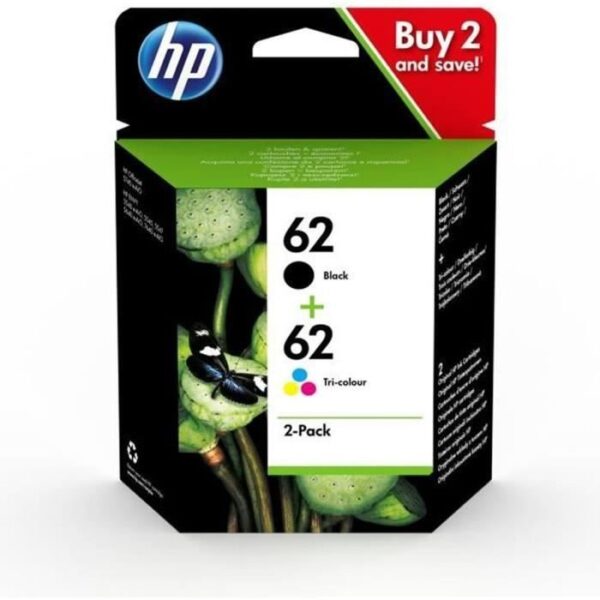 HP 62 Pack de 2 cartouches d'encre noire et trois couleurs authentiques (N9J71AE) pour Officejet Mobile 250
