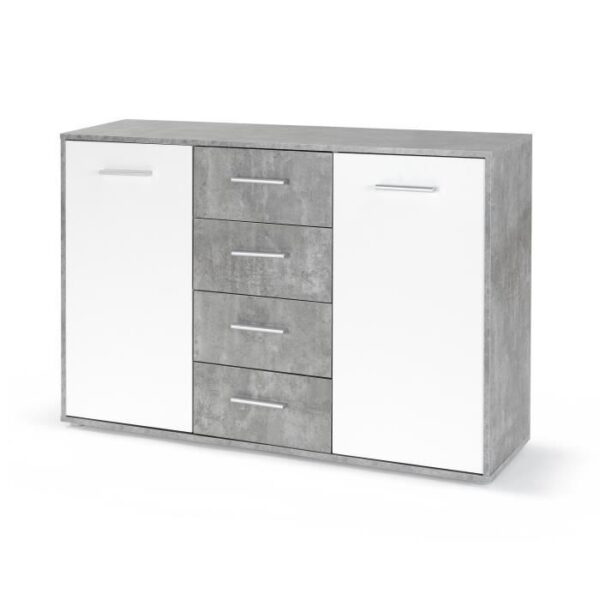 Buffet bas PILVI - 2 portes et 4 tiroirs - Blanc et béton clair - L 122