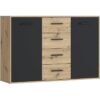Buffet PILVI - Style contemporain - Particules mélaminé - Décor Chene et noir - 2 portes + 4 tiroirs - L 122