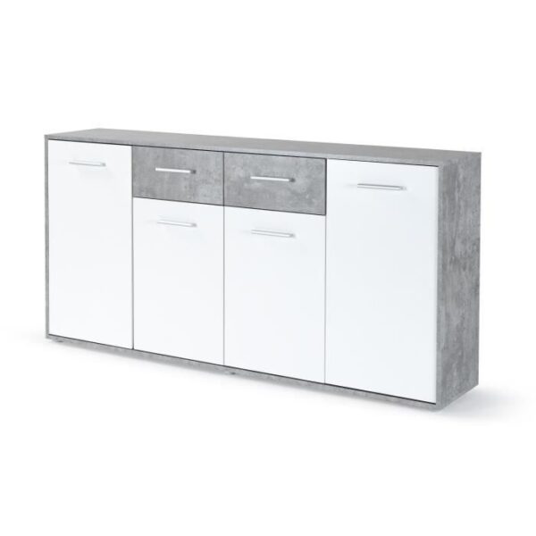 Buffet bas PILVI - 4 portes et 2 tiroirs - Blanc et béton clair - L 162