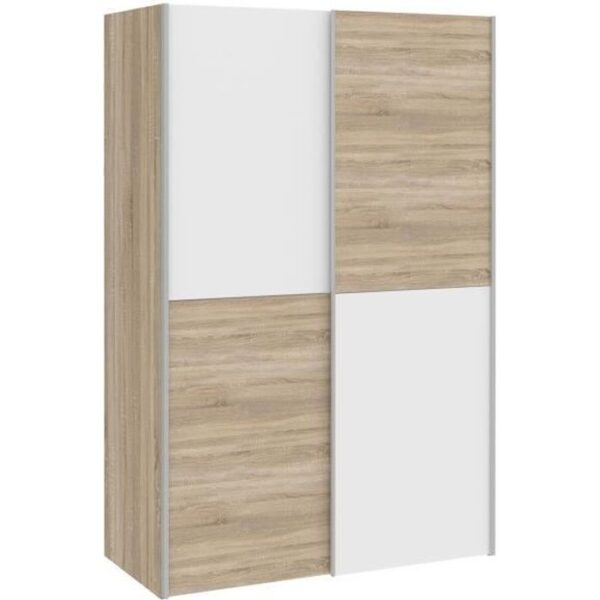 Armoire 2 portes coulissantes - Panneaux de particules - Blanc mat et décor chene - L 120 x P 61