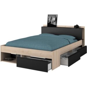 Lit adulte COMBO 140x190/200 cm - Chene et noir - 3 Tiroirs - PARISOT