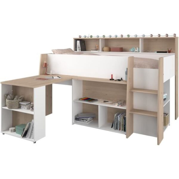 PARISOT Lit combiné enfant avec bureau rétractable - Décor blanc et chene - 90x 200 cm - Sommier inclus -THEO