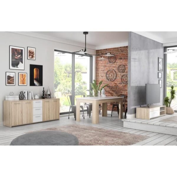 Ensemble Meuble TV Buffet 179cm & Table fixe 160cm - Pilvi - Chene Sonoma / Blanc mat - 5 portes - 3 tiroirs