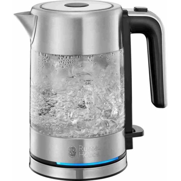 Bouilloire en Verre - RUSSELL HOBBS - Compact Home - 0.8 L - 2200 W - Économie d'énergie - Éclairage LED - Ouverture automatique