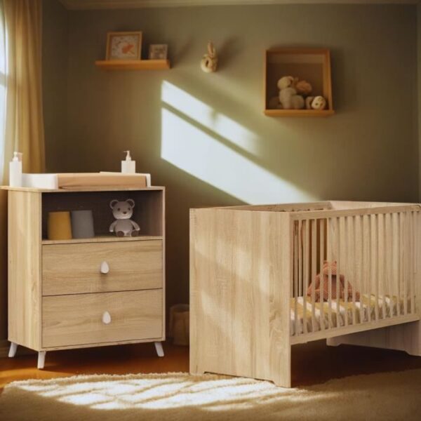 Chambre bébé duo MONTANA - Lit 120x60 + Commode a langer 2 tiroirs décor chene doré - SAUTHON