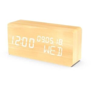 Réveil 4 en 1 - EVOOM - Modele WOOD - Horloge, Thermometre, Calendrier - Couleur Naturel - Radio numérique