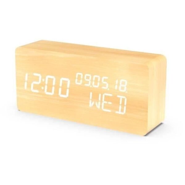 Réveil 4 en 1 - EVOOM - Modele WOOD - Horloge, Thermometre, Calendrier - Couleur Naturel - Radio numérique