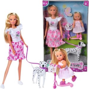 Steffi Love poupée dalmatien + Evi Love - 2 poupées 29 et 12 cm - 2 Figurines Dalmatien - Trotinette Evi - Des 3 ans