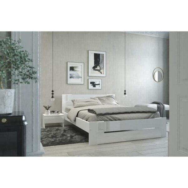 PARISOT Lit adulte - Contemporain - Décor blanc et blanc brillant - l 140 x L 190 cm - EDEN