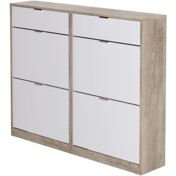 Meuble a chaussures - 4 portes 2 tiroirs - Chene et blanc - 124x25x99 cm - Leona