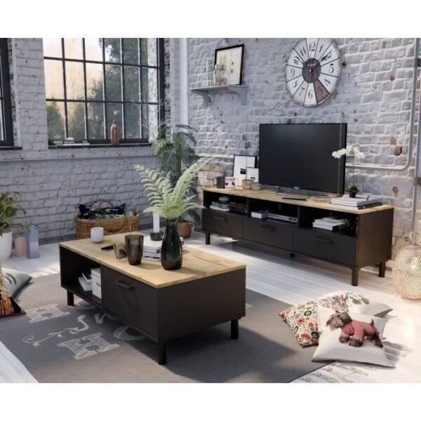 Ensemble Meuble TV+Table basse OXFORD - Style industriel - Mélaminé chene noir - Table Basse: L110 cm et Meuble Tv 159 cm