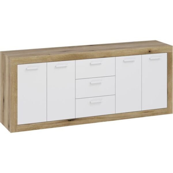 Buffet Mélamine chene rustique et blanc mat - 4 portes et 3 tiroirs L 206 x P 45 x H 83