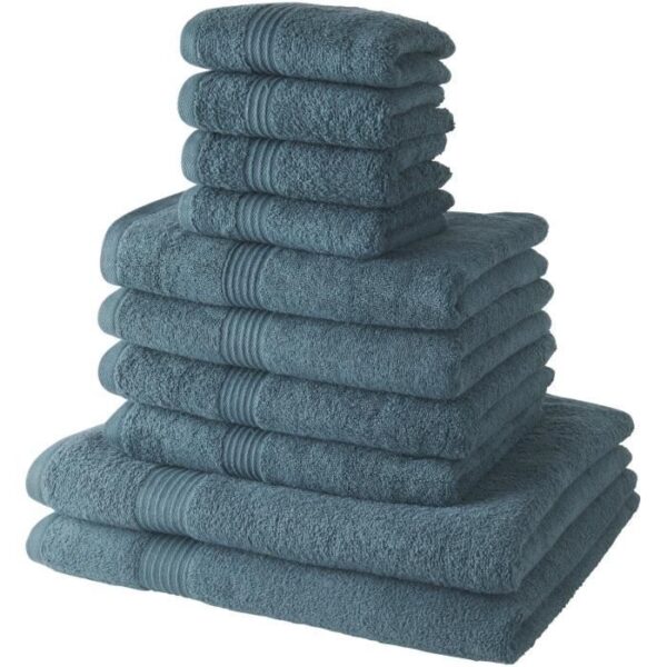 Lot de 10 serviettes de bain TODAY comprenant 4 serviettes 30x50 + 4 serveites 50x90 + 2 Draps de bain 70x130 cm 100% Coton - Paon